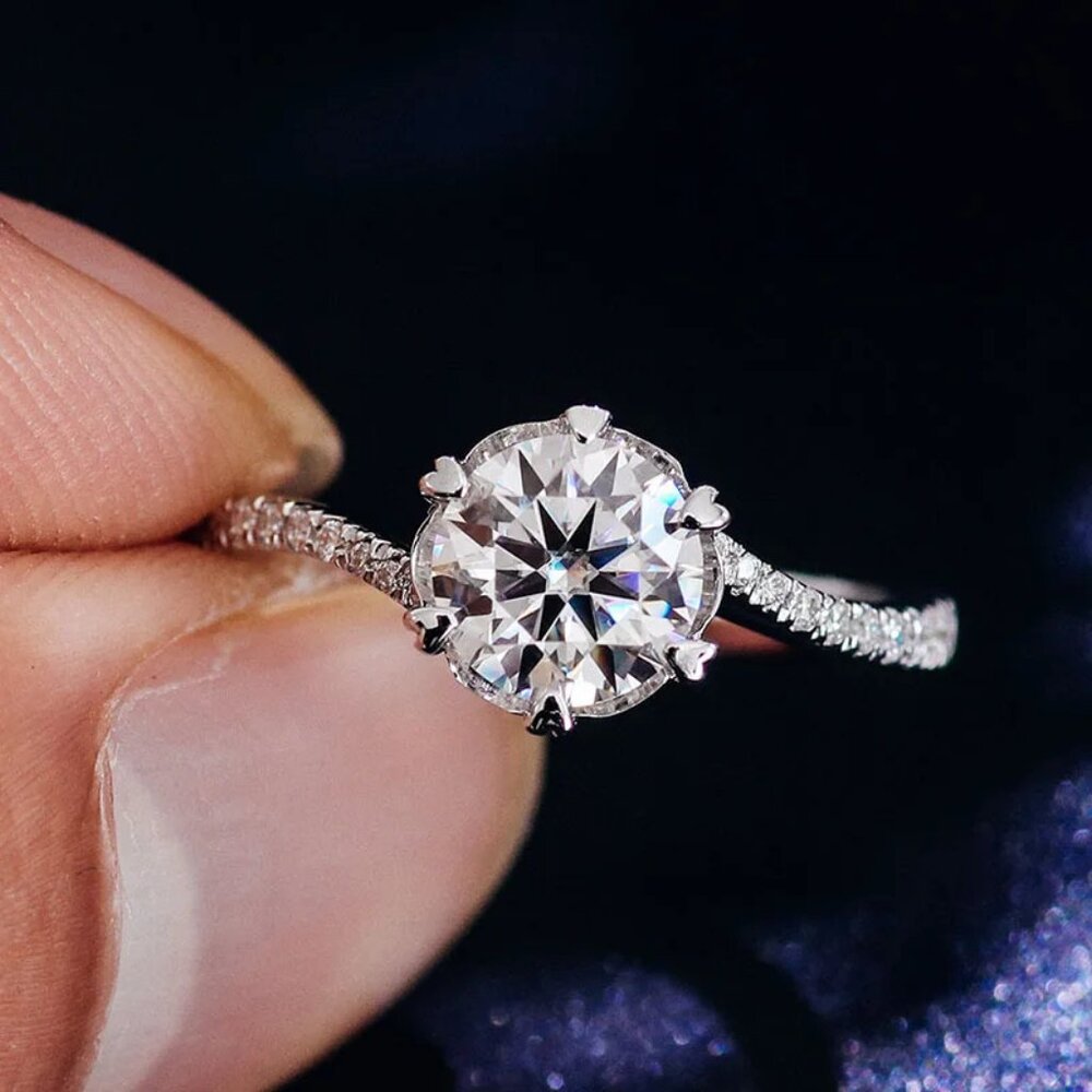 💍MOISSANITE SILVER ROUND TWISTED BIG FLOWER SOLITAIRE ENGAGEMENT RING, K758 - Picture 7 of 11